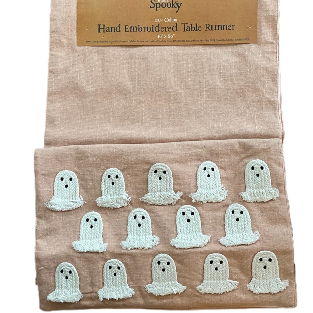 Indigo Moon "Spooky" Hand Embroidered Table Runner, mini rope ghost appliqués.